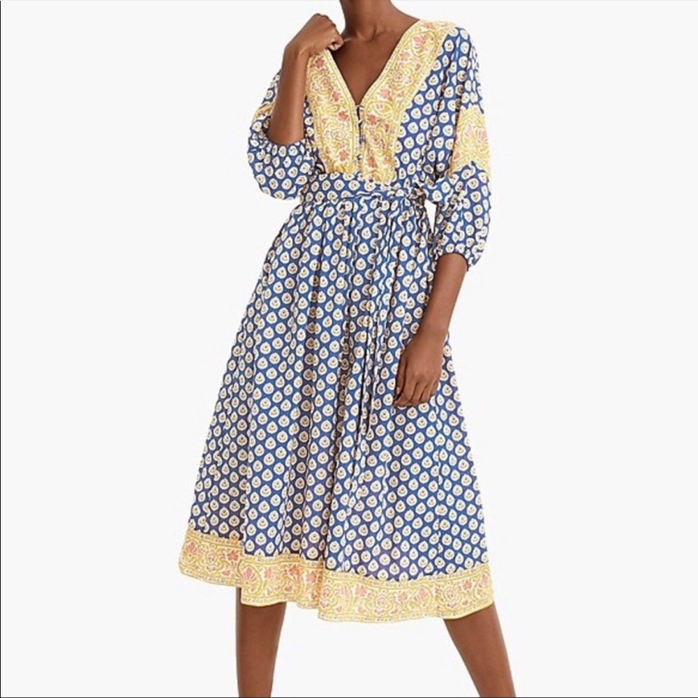 J Crew Button Front Tie Waist Boho Midi Dress